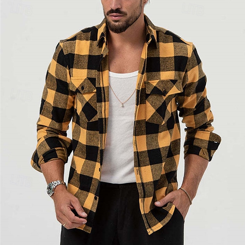 Men's Shirt Summer Shirt Casual Shirt Beach Shirt Button Up Shirt Overshirt Yellow Blue Long Sleeve Plaid Lapel Vacation Hawaiian Button-Down Clothing Apparel Fashion Casual Comfortable 2025 - $25.99 –P2