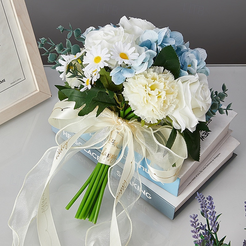 Ramos de novia para boda, ramo de novia de flores artificiales de seda azul y blanco con rosas falsas, arreglo floral fresco y único para bodas 2025 - $27.99 –P6