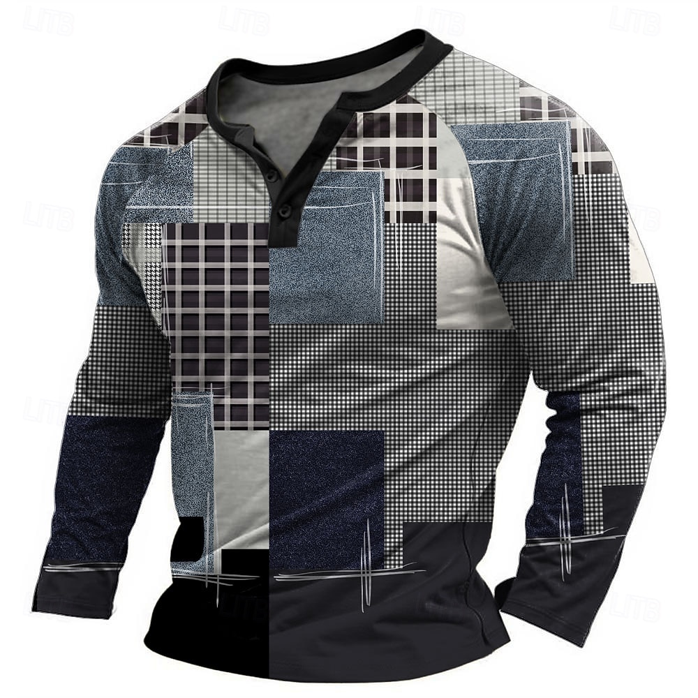 Men's Graphic Patchwork T Shirt Henley Shirt Tee Long Sleeve Designer Basic Classic Outdoor Daily Sports Spring &  Fall Black Light Gray Dark Gray Henley Henley T-Shirt 2026 - $23.99 –P3