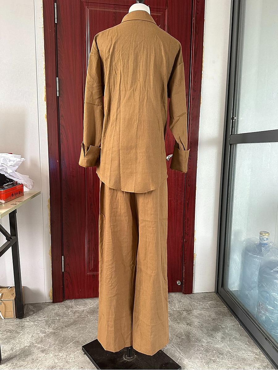 Pentru femei Zilnic Cămașă Seturi inspirate de in Seturi din două piese Pantaloni cu picioare largi Pantaloni Manșon Lung Guler Cămașă Culoare solidă Peteci În aer liber Mov Kaki Bej Primăvară 2025 - $36.99 –P6
