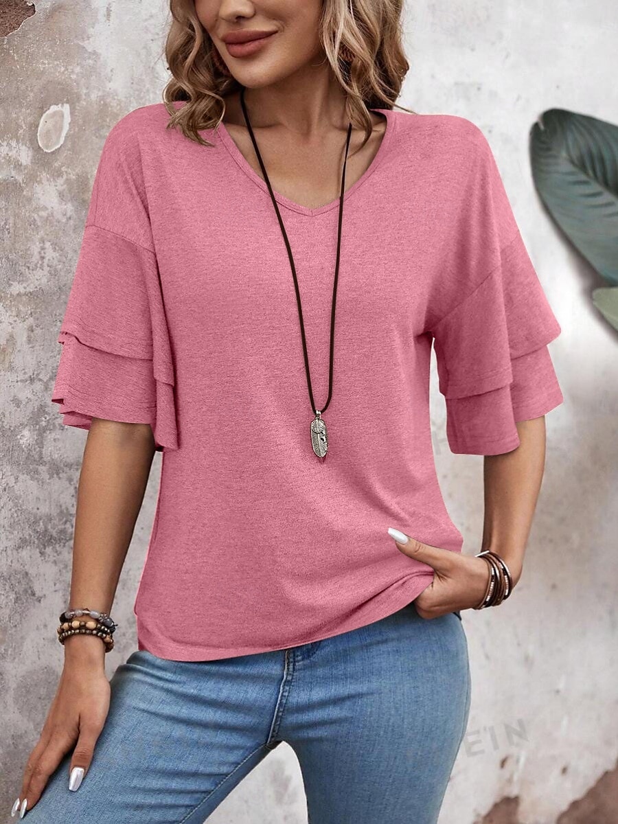 Dame T skjorte عادي Mote Moderne Fritid 3/4 ermer V-hals Vanlige topper Daglig Helg Drapering Rosa Navyblå Kakifarget Sommer Vår 2025 - $29.99 –P12