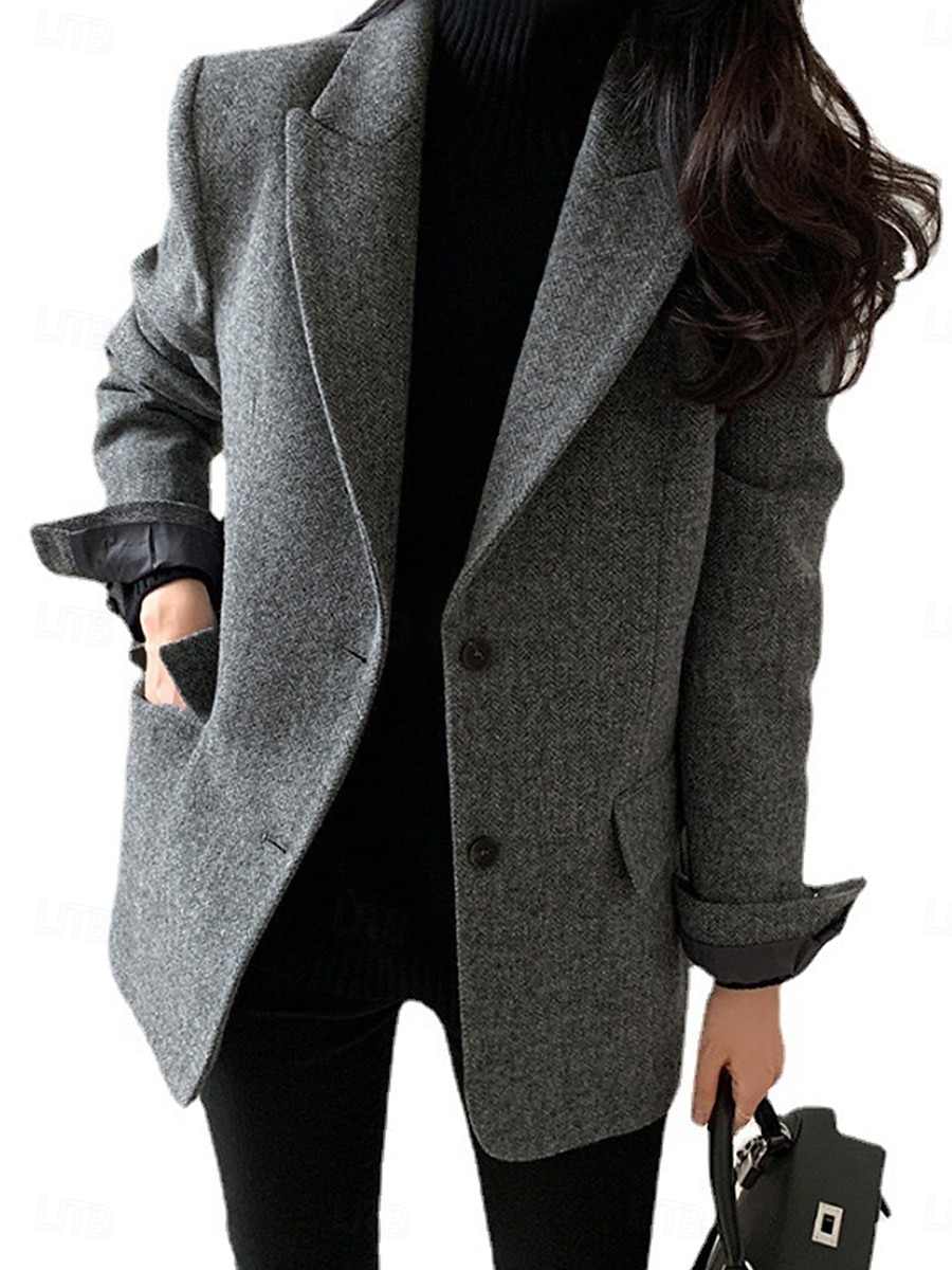 Damen Blazer Sakko warm halten Atmungsaktiv Patchwork Tasche OL-Stil Modern Feste Farbe Büro / Geschäftlich Ausgehen Standard Umlegekragen Regular Fit Langarm Oberbekleidung Braun Grau Herbst Winter 2025 - $41.99 –P5
