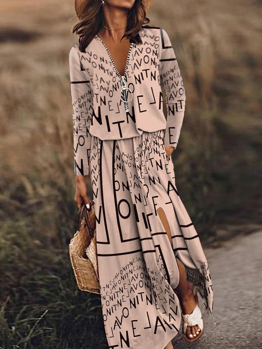 Damen Maxidress Casual kleid A Linie Kleid Stilvoll Brautkleider schlicht Urlaub Täglich Regular Fit Glatt Buchstabe Langarm V Ausschnitt Weiß Rosa Khaki Frühling Herbst 2025 - $35.99 –P2