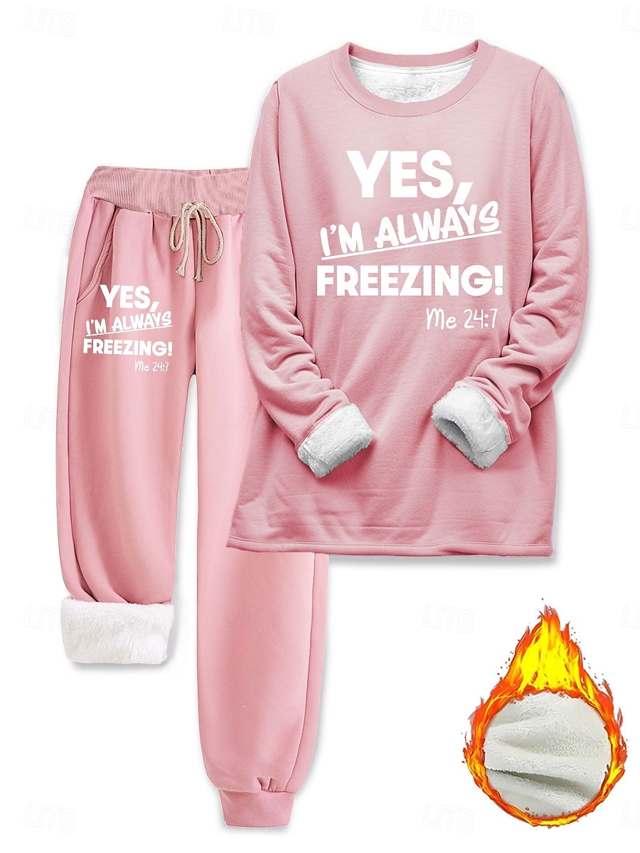Dame 2-delt Loungewear Sett Pyjamas Fleece Fluffy Lang Erme Topp og Bukse Tekst Trykk Komfort Avslappet Hjemme Slitasje Snor Solid Koselig Vinter 2025 - $43.99 –P7