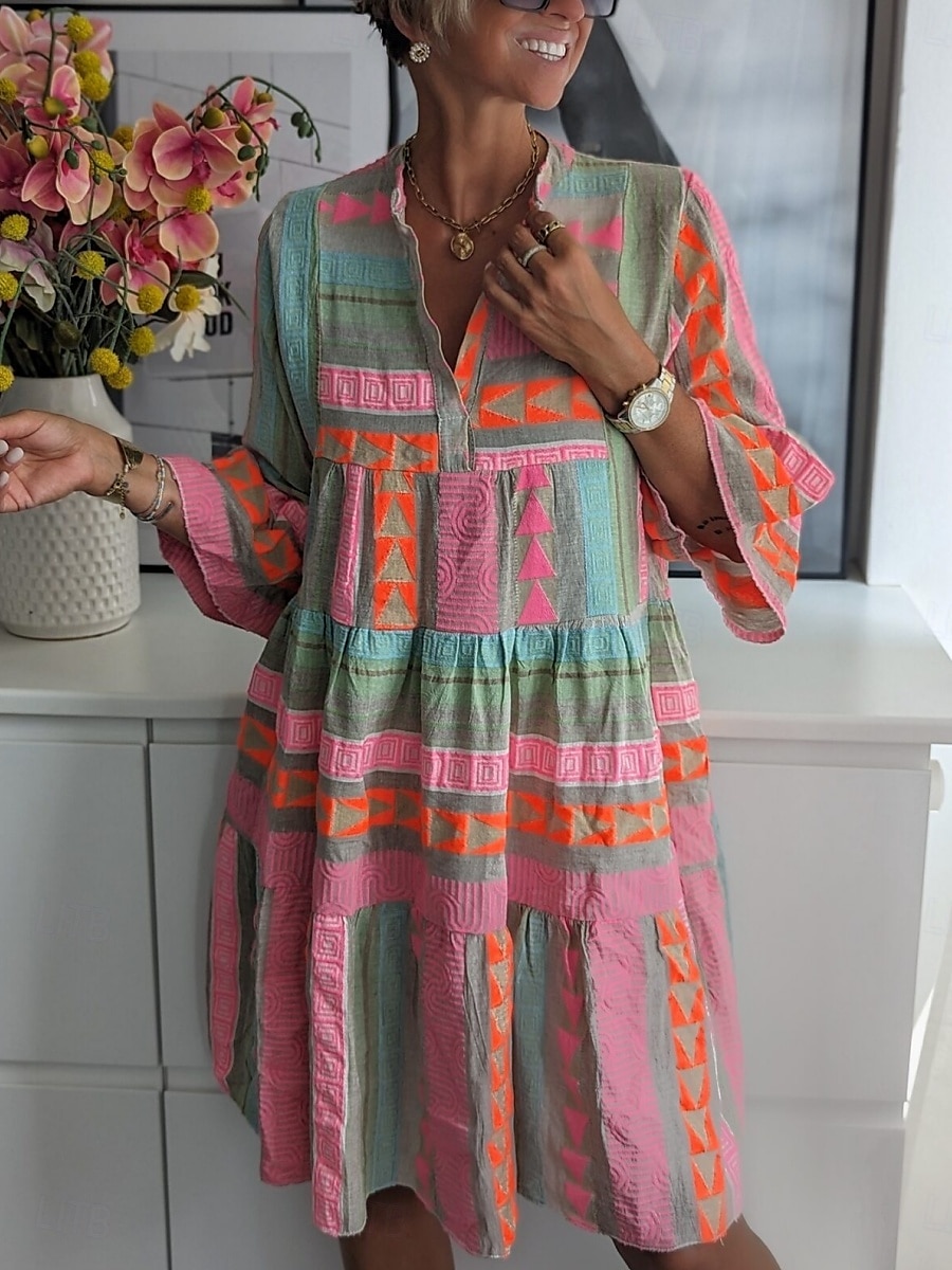 Dam Mini klänning Vardagsklänning Boho-klänning Stylish Ledigt Semester Dagligen Normal Geometrisk 3/4 ärm V-hals Rodnande Rosa Vår Höst 2025 - $38.99 –P1