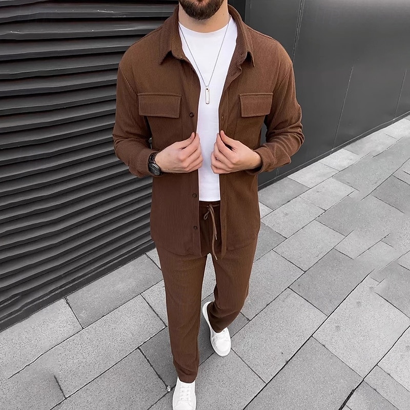 Per uomo 2 pezzi Completo di camicia Set abbinati Maglietta informale Camicia di velluto a coste Camicia con bottoni Nero Marrone Verde Kaki Grigio Manica lunga Liscio Colletto Strada Giornaliero del 2025 a $47.99 –P6