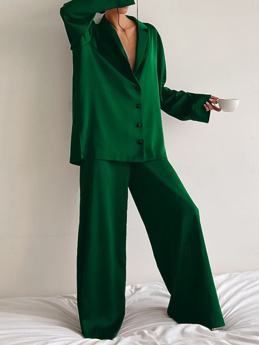 Pentru femei Set pijama Casual Confortabili Culoare pură Butonul sus Talie elastică Cămașă Pantaloni Casă Zilnic Manșon Lung Guler Cămașă Negru Trifoi Vară Primăvară Toamnă Fit regulat 2025 - $54.99 –P1