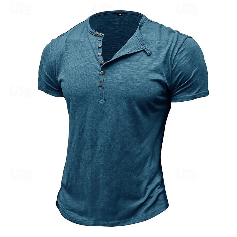 100%Cotton Men's T Shirt Henley Shirt Tee Short Sleeve Shirt Tee Top Plain Vintage Designer Basic Button Up Henley Vacation Street Casual Daily Spring Summer Black White Light Green Henley T-Shirt 2025 - $20.99 –P13