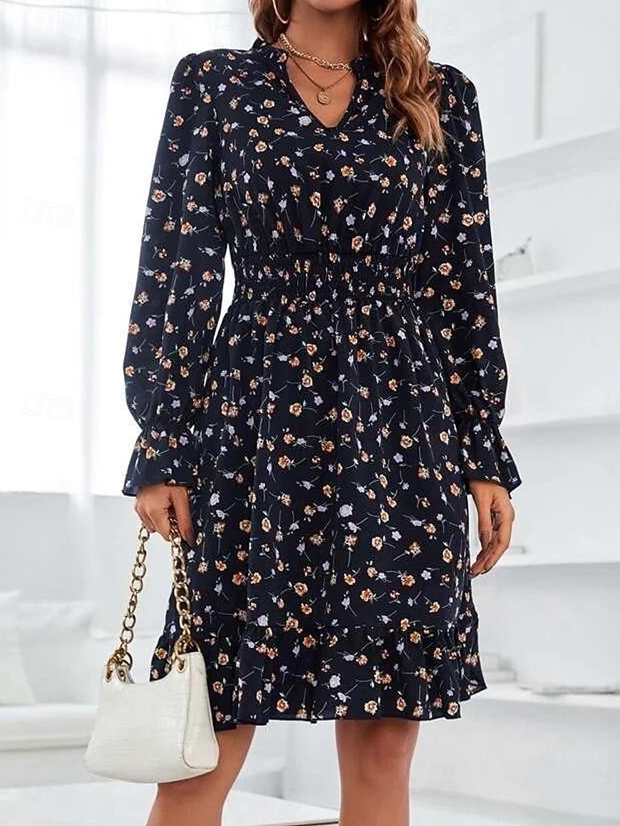 Damen Normal Midikleid Chiffon-Kleid Elegant Vintage Täglich Verabredung Regular Fit Blumen Graphic Langarm V Ausschnitt Schwarz Marineblau Blau Frühling Herbst 2025 - $39.99 –P2