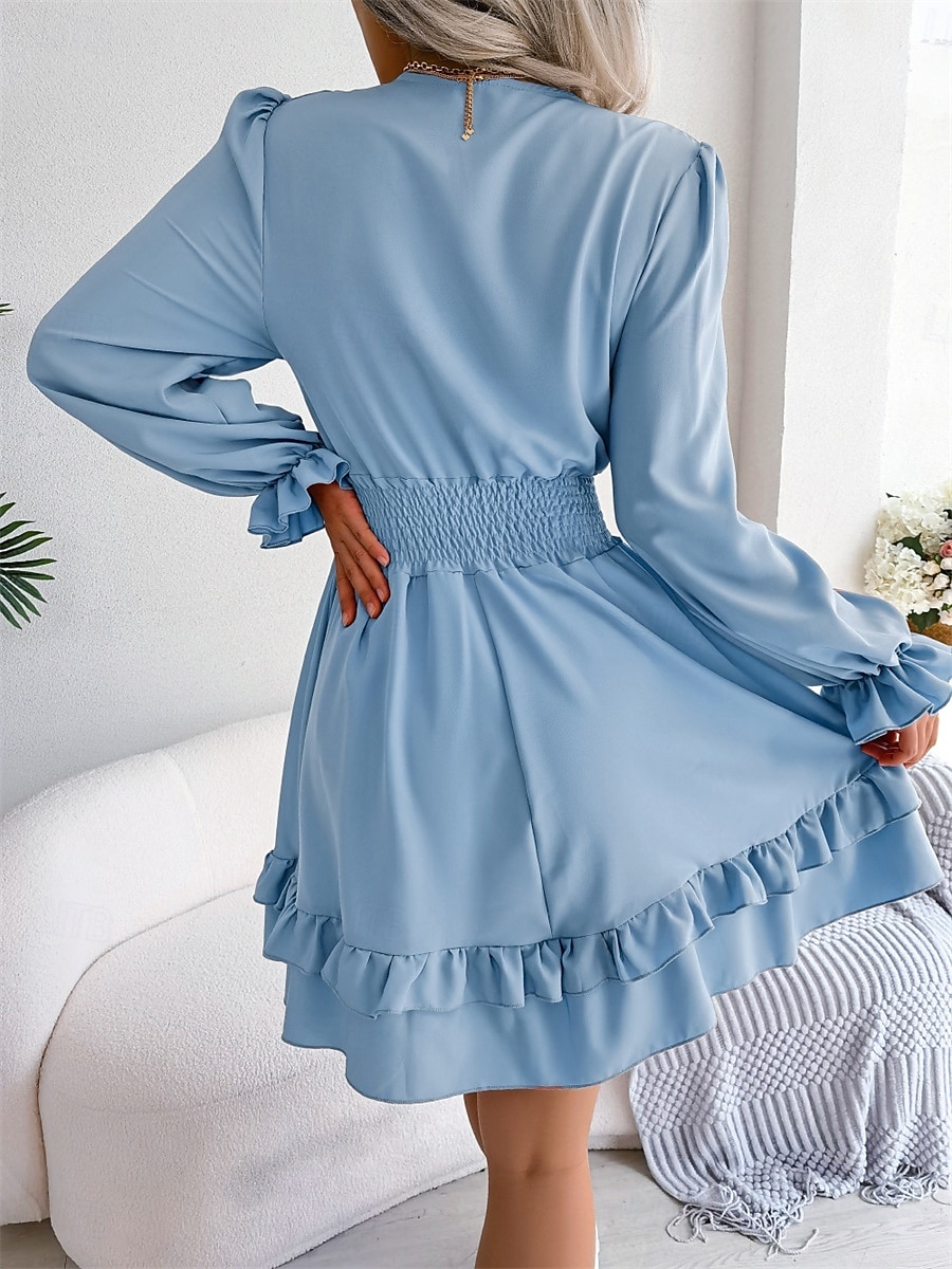 Mujer Mini vestido Vestido informal Vestido de una línea Elegante Estilo lindo Casual Vacaciones Fiesta Diario Ajuste regular Plano Manga Larga Escote en Pico Blanco Rosa Azul Piscina Primavera Otoño 2025 - $35.99 –P12