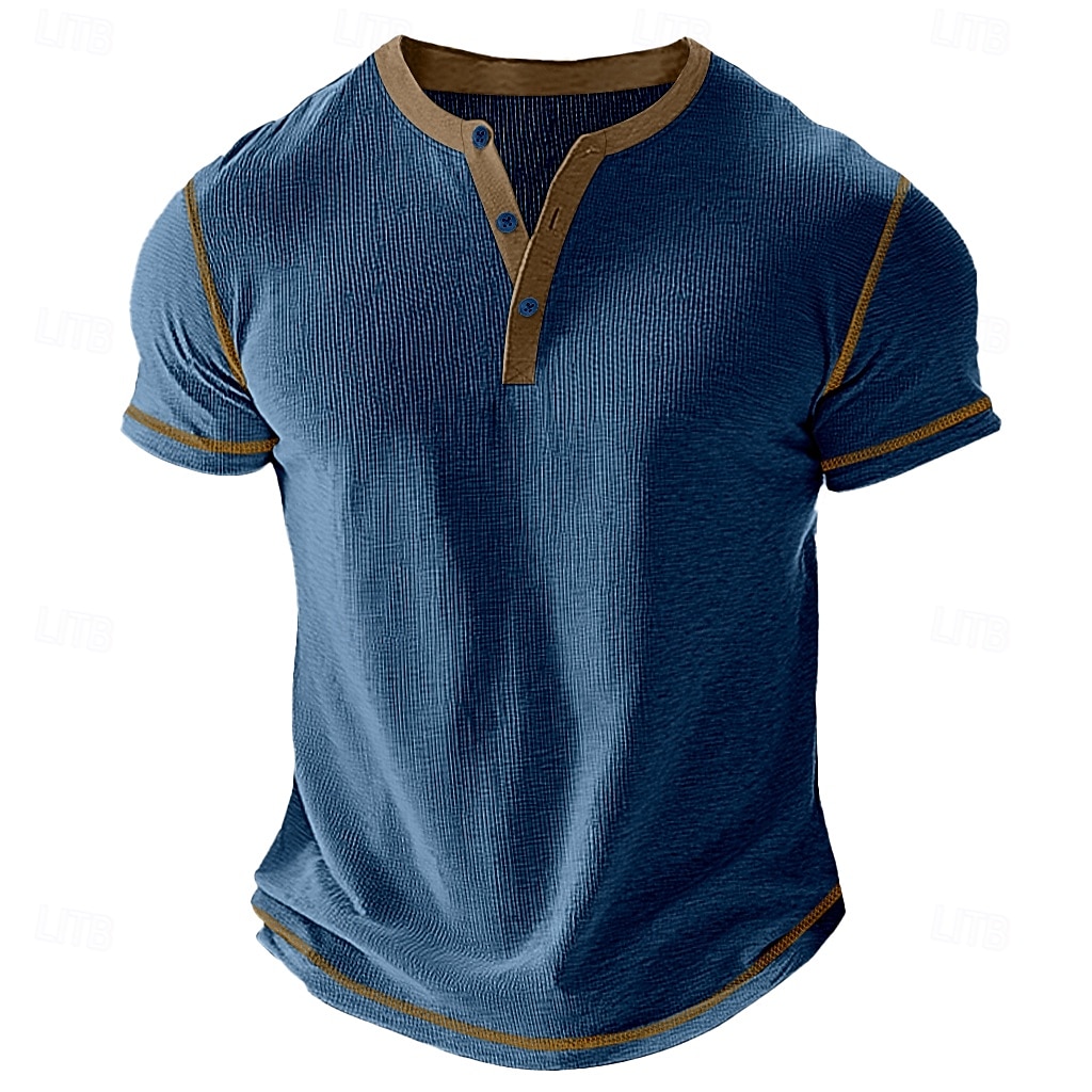 2025年 男性用 ワッフルヘンリーシャツ Tシャツ 半袖 純色 ボタン ヘンリー アウトドア カジュアル 日常 夏 ブラック ホワイト イエロー ヘンリーTシャツ コレクション – $17.99 –P1