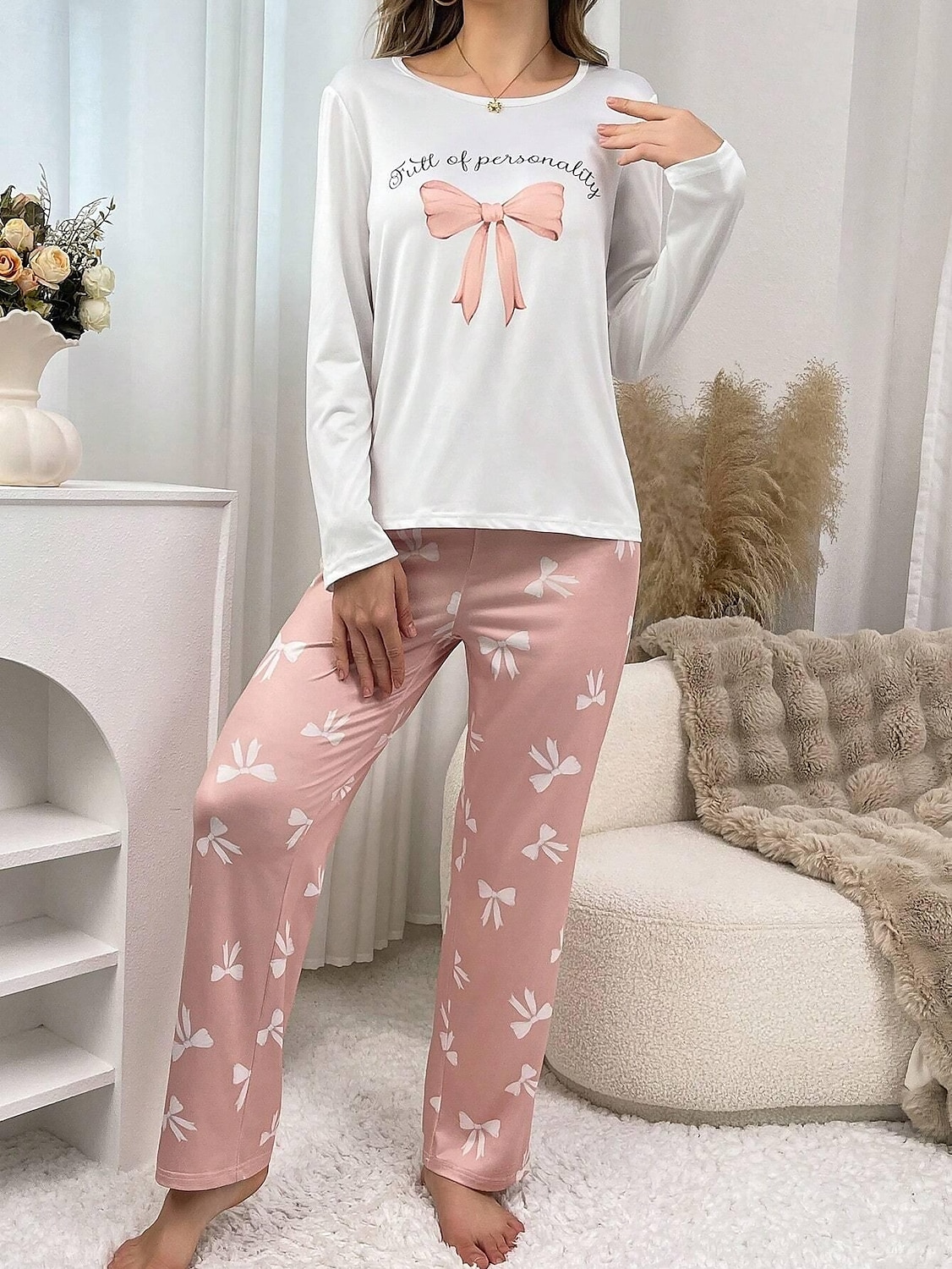 Dam Pyjamas set Ledigt Komfort Comfrt Hjärta T-shirt Byxa Hem Långärmad Rund hals Rodnande Rosa Vår Höst Vinter 2025 - $31.99 –P4