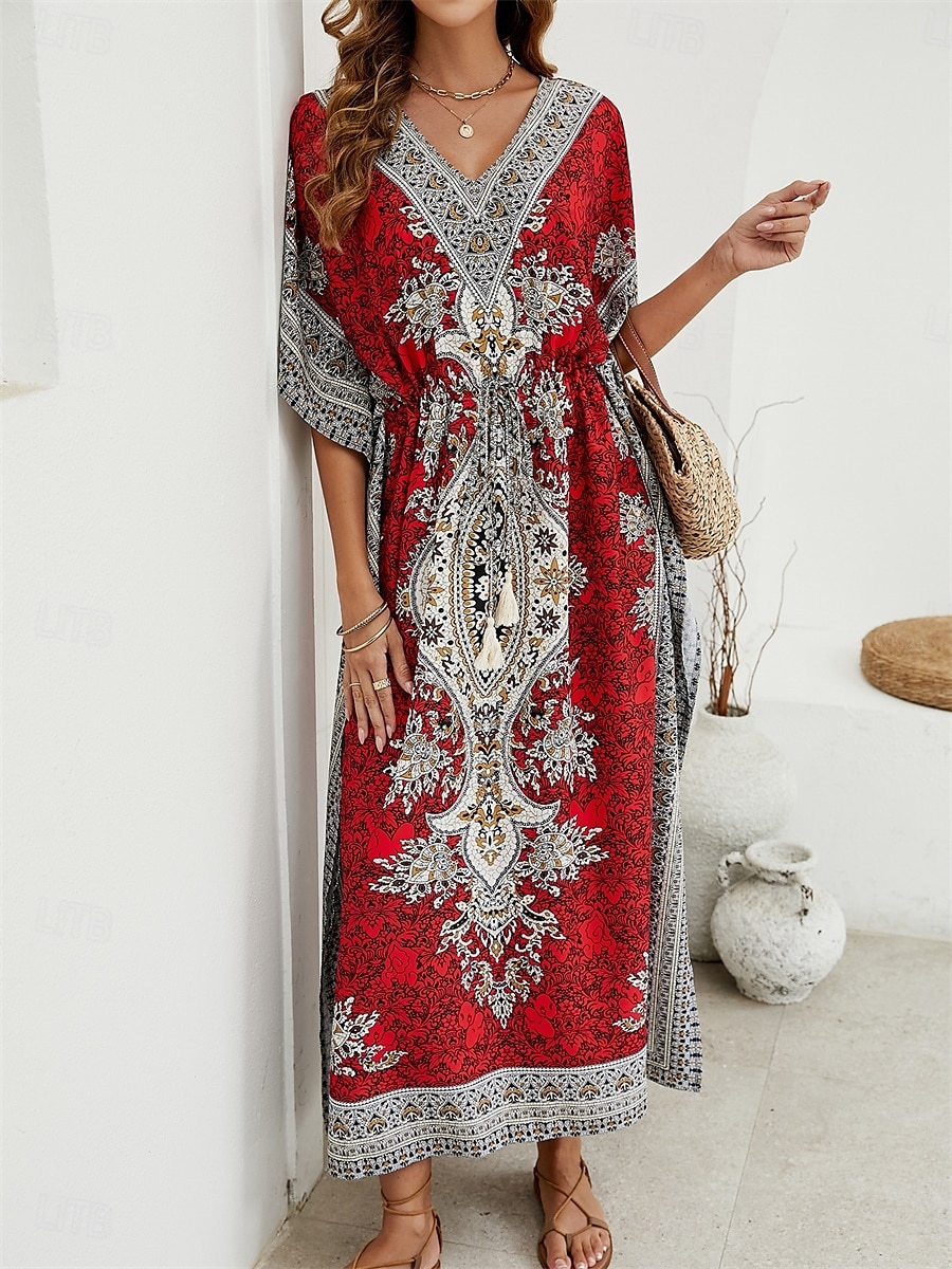 Dam Maxiklänning Vardagsklänning Boho Chic klänningar Boho-klänning bohemliv söt stil Stylish Semester Dagligen Strand Lös passning Grafisk Kortärmad V-hals Rubinrött Blå Sommar Vår Höst 2025 - $38.99 –P1