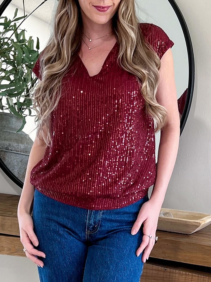 Damen Spaghetti-Top einfarbig Basic lässig ärmellos V-Ausschnitt reguläre Tops täglichen Pailletten Schwarz Wein Sommer Frühling 2025 - $17.49 –P9