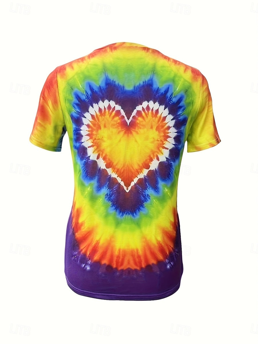 Valentine Dame Hjerte T-Skjorte Sød Tie Dye Vanlige Topper Kort Erme Rund Hals Print Vanlig Passform Daglig Regnbue Sommer 2025 - $19.99 –P3