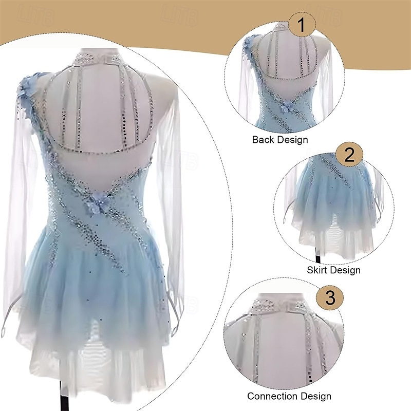 Figure Skating Dress Women's Girls' Ice Skating Dress Sky Blue High Elasticity Training Competition Skating Wear Classic Crystal / Rhinestone Long Sleeve Ice Skating Figure Skating 2026 - $191.99 –P5