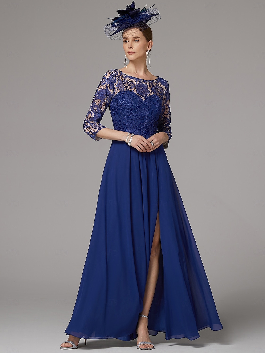 A-Linien-Kleid, elegantes Kleid für die Mutter der Braut, hoher Schlitz, U-Boot-Ausschnitt, bodenlang, Chiffon, 3/4-Ärmel mit Spitzenapplikationen, 2025 2025 - $150.99 –P2
