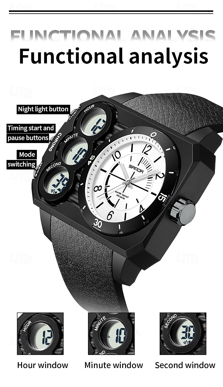 SANDA Мужчины электронные часы На открытом воздухе Мода Повседневные часы Наручные часы Светящийся будильник С тремя часовыми поясами Календарь ТПУ Часы 2026 - $26.99 –P10