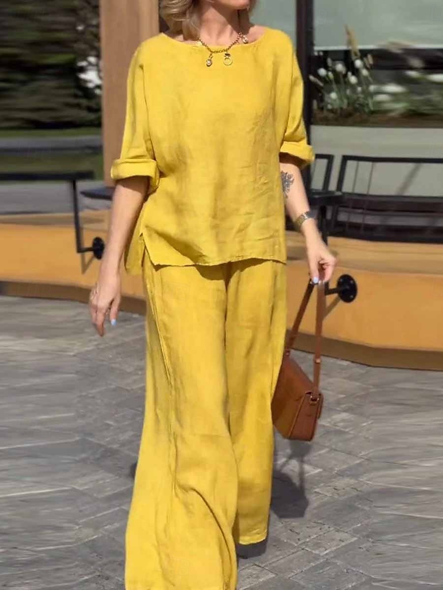 Damen Modisch Strassenmode Täglich Hemd Bluse Hose mit weitem Bein Langarm Rundhalsausschnitt Glatt Casual Täglich Gelb Blau Grün Frühling & Herbst Regular Fit 2025 - $36.99 -P2