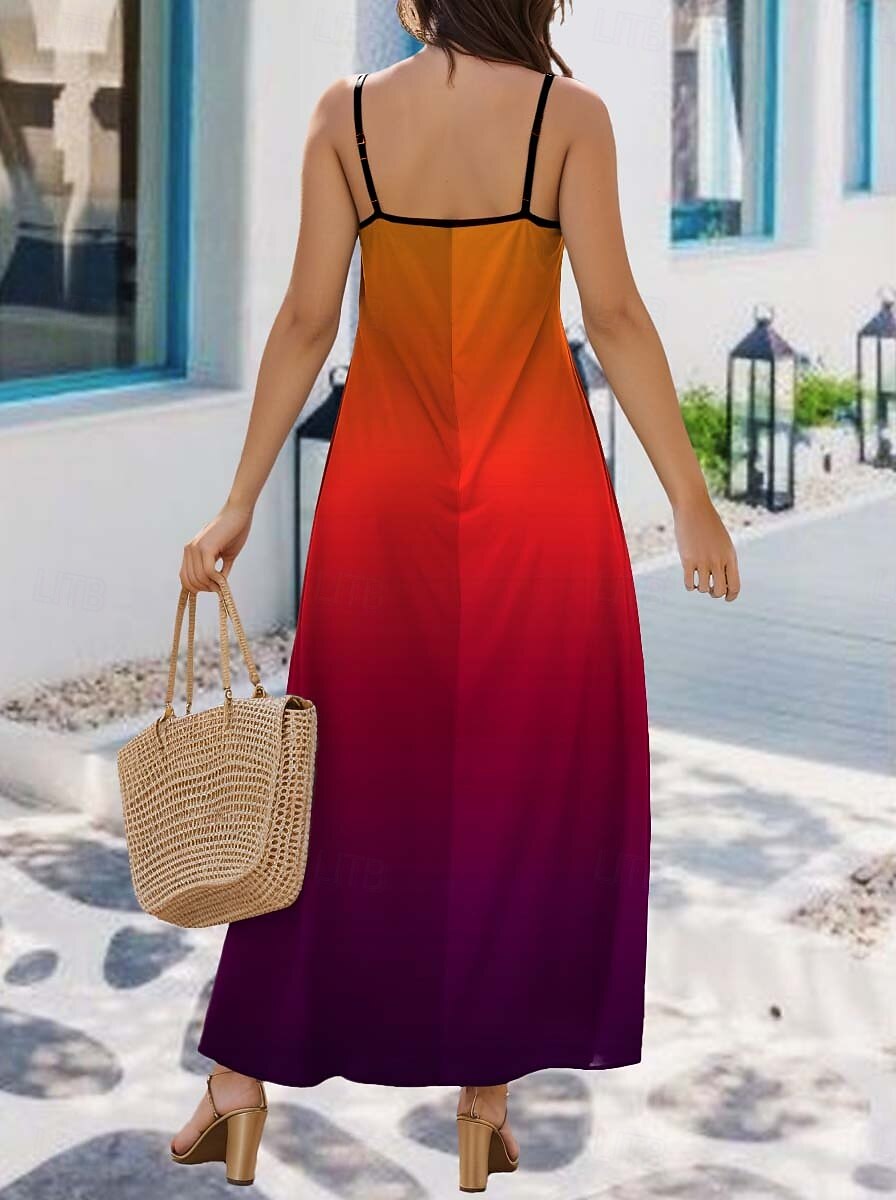 Robe Maxi Femme Robe d'Été Robe T A Ligne Robe Fleurie Robe Flowy Vacances Décontractée Quotidienne Ajustement Normal Ombre Sans Manches Col en V Rouge Été Printemps de 2025 ? $28.99 –P2