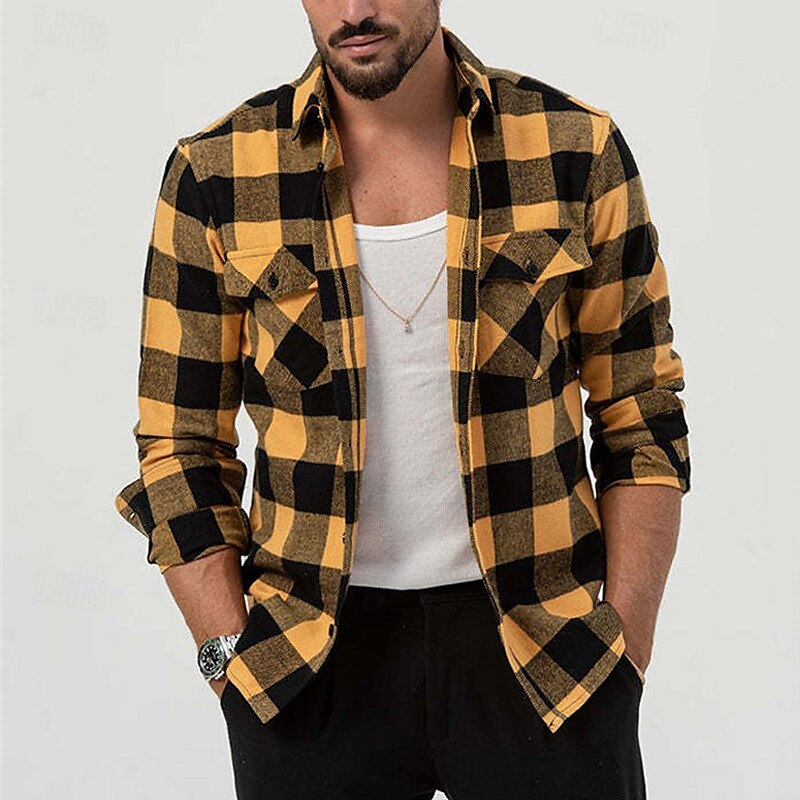 Men's Shirt Summer Shirt Casual Shirt Beach Shirt Button Up Shirt Overshirt Yellow Blue Long Sleeve Plaid Lapel Vacation Hawaiian Button-Down Clothing Apparel Fashion Casual Comfortable 2025 - $25.99 –P4