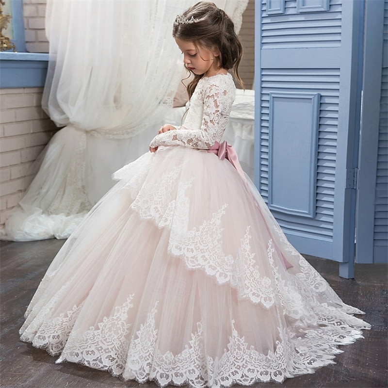 Blumenmädchenkleid Kinder Mädchen Prinzessinenkleid Leistung Hochzeit Party Elegant Schön Gitter Feste Farbe Langarm Rundhalsausschnitt Hellgelb Hellrosa 4 Jahre + 2025 - $78.99 –P4