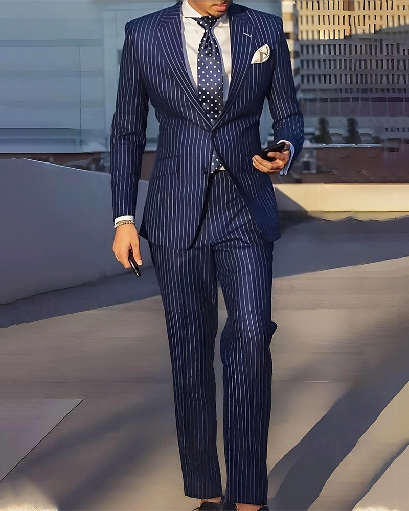 Herr Uppsättning Kavaj Företag Cocktailfest Bröllopsfest Mode Ledigt Vår & Höst Polyester Rand Knappar Ficka Bekväm Enkelknäppt Blazer Svart Marinblå 2025 - $97.99 –P1