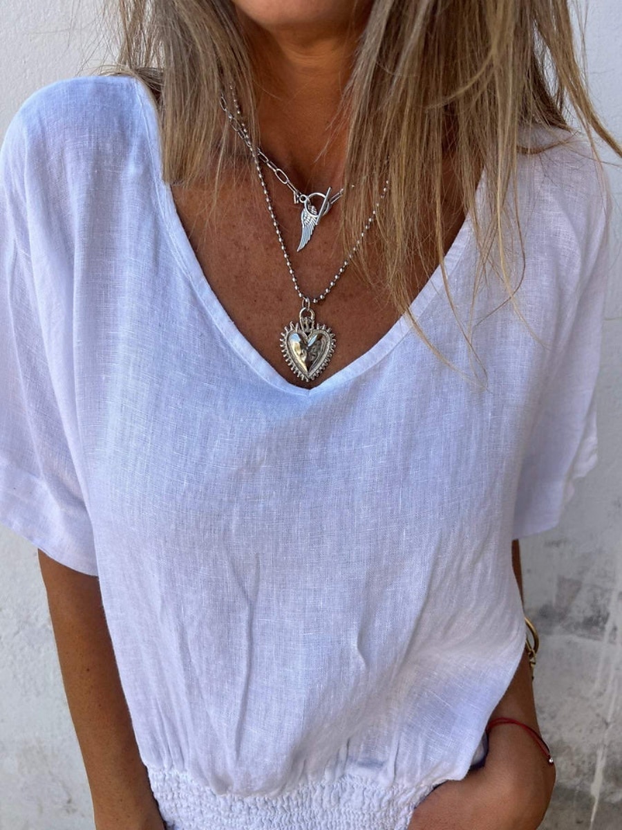 Dame Skjorte Bluse Skjorter i bomullslin Helfarge Grunnleggende Fritid Kortermet V-hals Vanlige topper Daglig Rynket Hvit Brun Beige Sommer Vår 2025 - $26.99 –P2