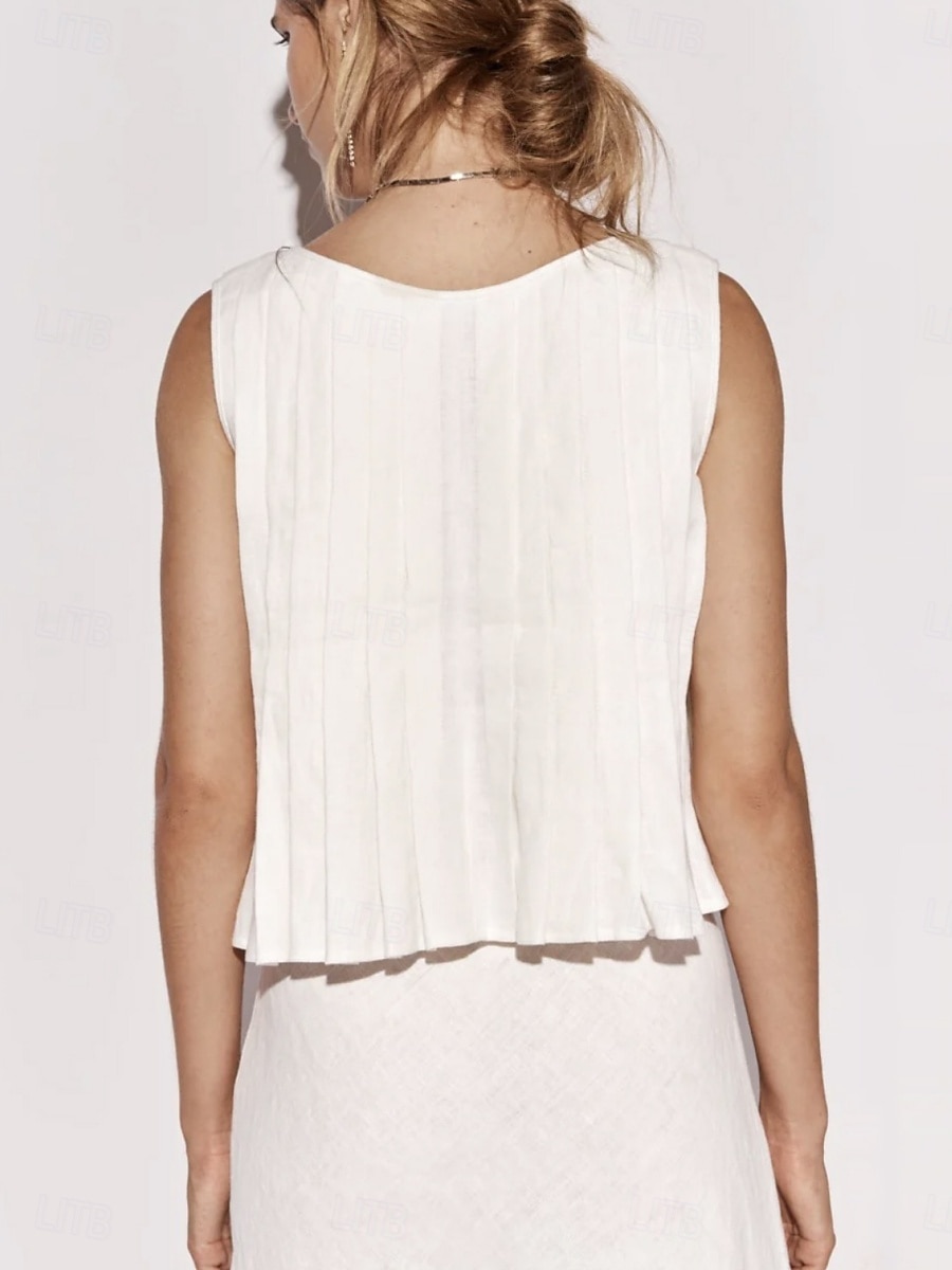 Per donna Abbottonare Camicia in cotone e lino Tinta unica Essenziale Casual Senza Maniche Girocollo Top Regolari Quotidiano Volant Nero Bianco Rosso Estate Primavera del 2025 a $34.99 –P6