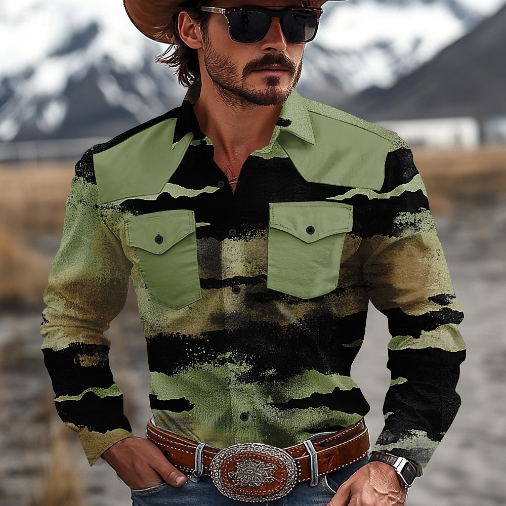 Herre Fargeblokk Marmor Western skjorte Cowboyskjorte Langermet Vestlig Fritid Avslappet Vår Høst Aftæpning 2 lommer Gul Blå Grønn 2025 - $31.99 –P2