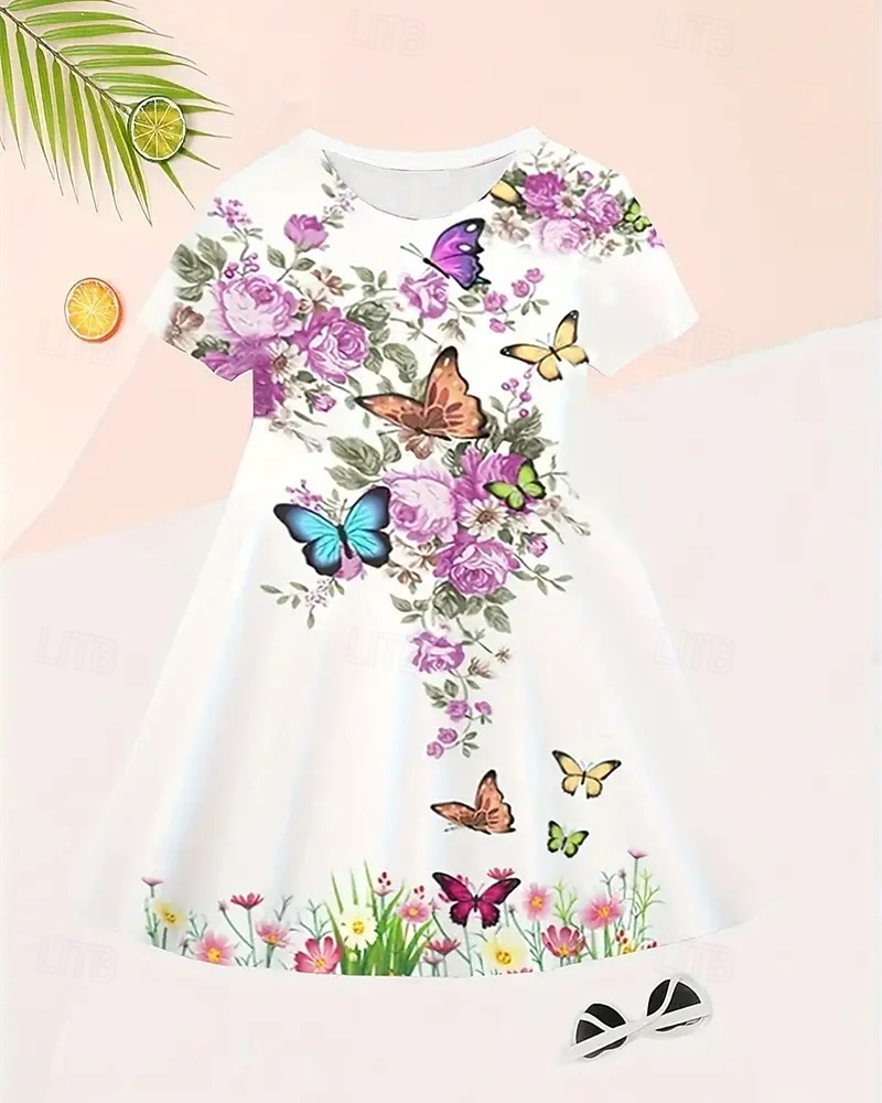Easter Girls' 3D Graphic Butterfly Flower Dress Short Sleeve Summer Spring Vacation Daily Holiday Princess Beautiful Sweet Kids 4-12 Years Casual Dress A Line Dress Knee-length Regular Fit 2026 - $15.99 –P2