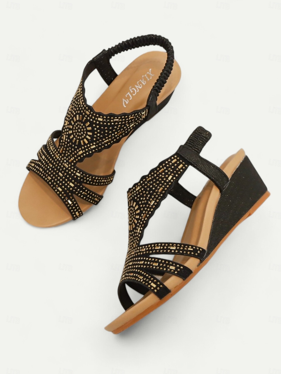 Women's Bohemian Rhinestone Wedge Sandals – Sparkly Elastic Strap Open-Toe Shoes for Summer, Beach, Casual & Evening Wear 2025 - $42.99 –P5