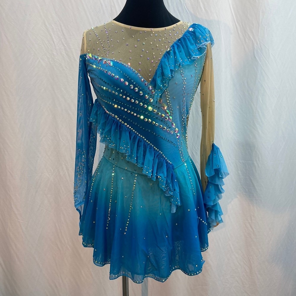Robe de patinage artistique Femmes Fille Patinage Robe Rouge Bleu Roi Patchwork Trou de pouce Maille Spandex Élastique Entraînement Pratique Professionnel Tenue de Patinage cristal pailleté manche de 2025 ? $231.79 –P4