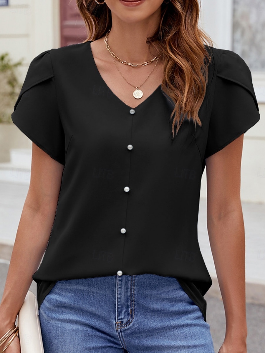 Dame Skjorte Bluse Helfarge Grunnleggende Fritid Kortermet V-hals Vanlige topper Daglig Perler Svart Himmelblå Fuksia Sommer Vår 2025 - $23.99 –P8