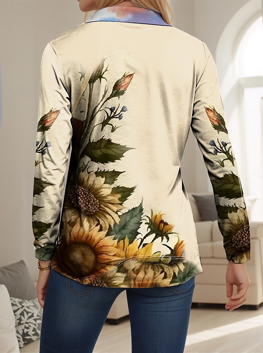 Camiseta feminina moderna floral manga longa decote em V colarinho blusas regulares trabalho estampa preto rosa azul verde bege verão primavera outono de 2025 por GBP £21 –P2