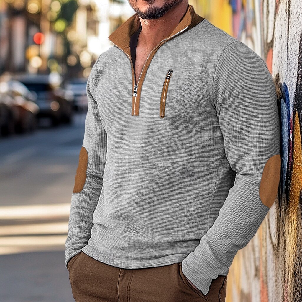 Men's T Shirt Waffle Knit Tee Tee Top Long Sleeve Shirt Long Sleeve Quarter Zip Spring & Fall Color Block Fashion Designer Basic Patchwork Zipper Vacation Street Going out Black Navy Blue khaki Top 2025 - $23.99 –P1