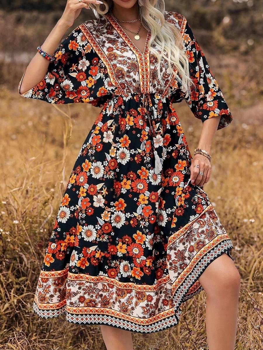 Women's Midi Dress Casual Dress A Line Dress Boho Dress Boho Wedding Guest Dress Ethnic Casual Vacation Daily Regular Fit Floral 3/4 Length Sleeve V Neck Black Navy Blue Light Blue Spring Fall 2025 - $35.99 –P6