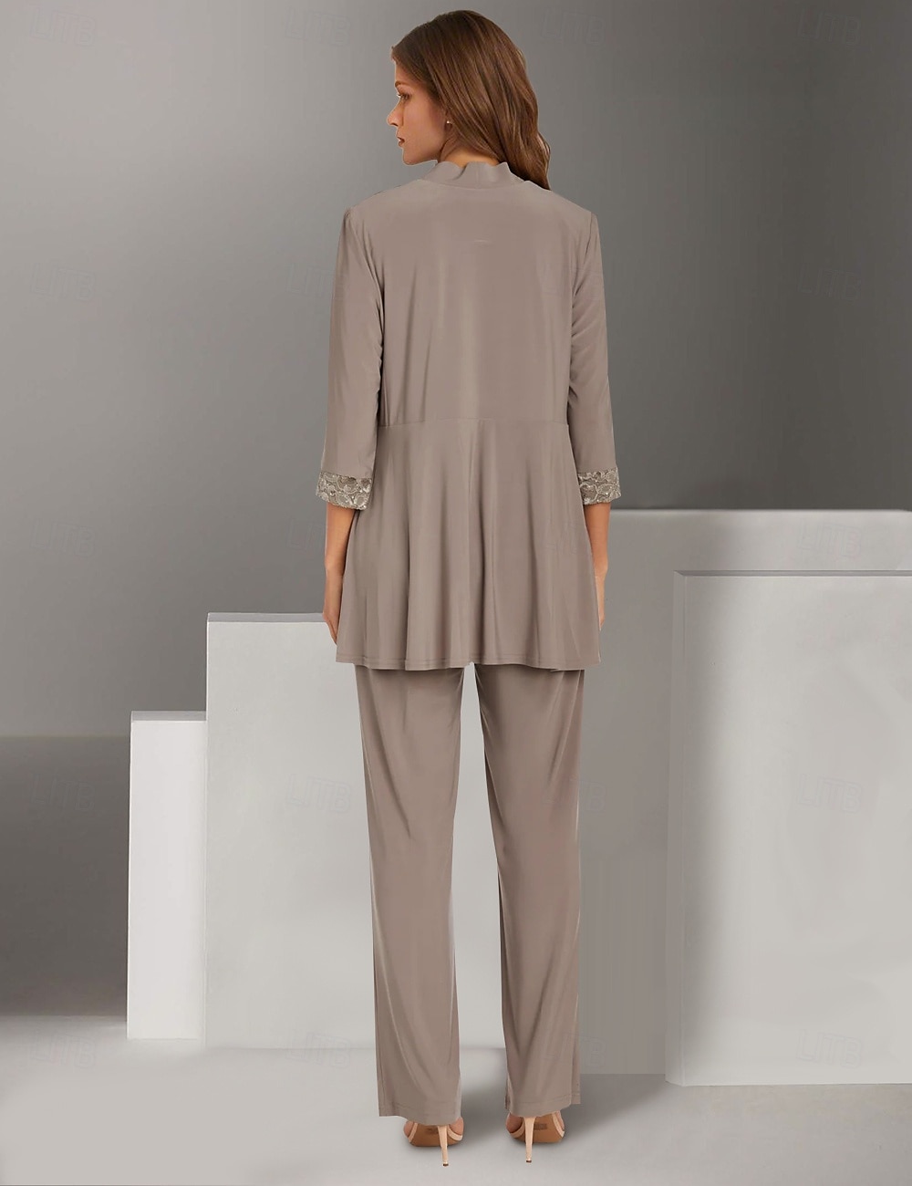 Jumpsuit / Pantsuit Beach Wedding 3 Piece Mother of the Bride  Elegant Jewel Neck Floor Length Chiffon Long Sleeve Wrap Included with Lace Solid Color 2025 - $198.99 –P2