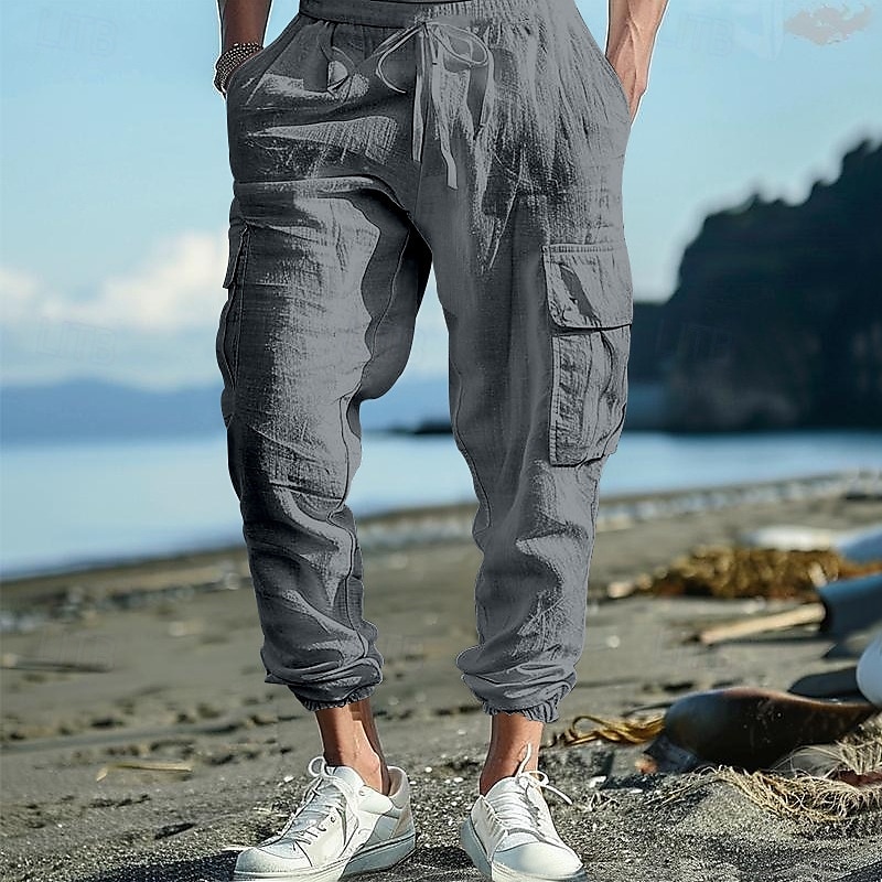 Men's Cargo Pants Linen Pants Trousers Summer Pants Beach Pants Drawstring Elastic Waist Multi Pocket Plain Comfort Breathable Full Length Casual Daily Holiday Fashion Classic Style Black White 2025 - $25.99 –P7