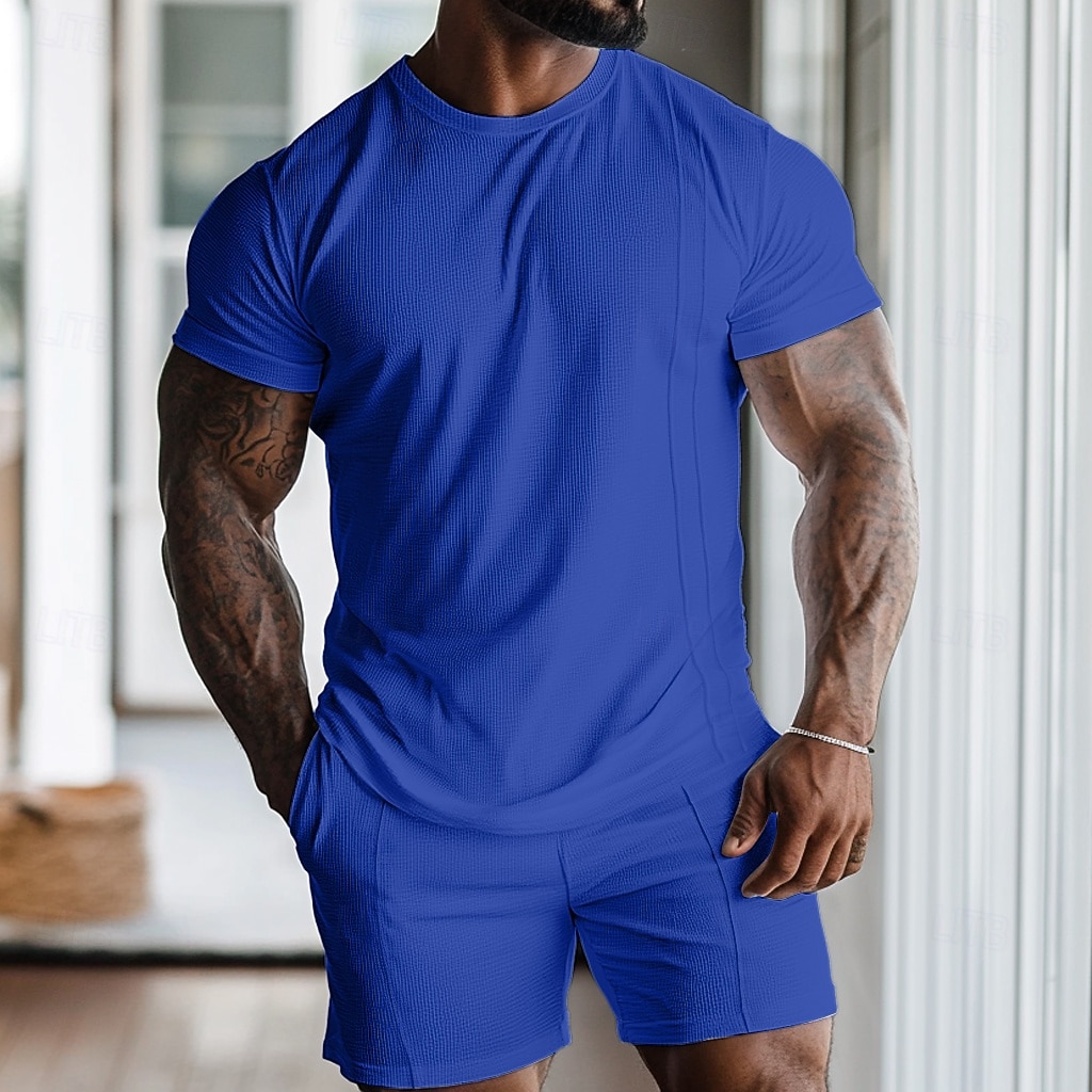 Men's Waffle Shirt 2 Piece T-shirt Suits Tee Short Sleeve Short Pant Crew Neck Spring & Summer Plain Fashion Designer Basic 2 Piece Vacation Street Going out Black White Gray Top Tee for Men 2026 - $29.99 –P10