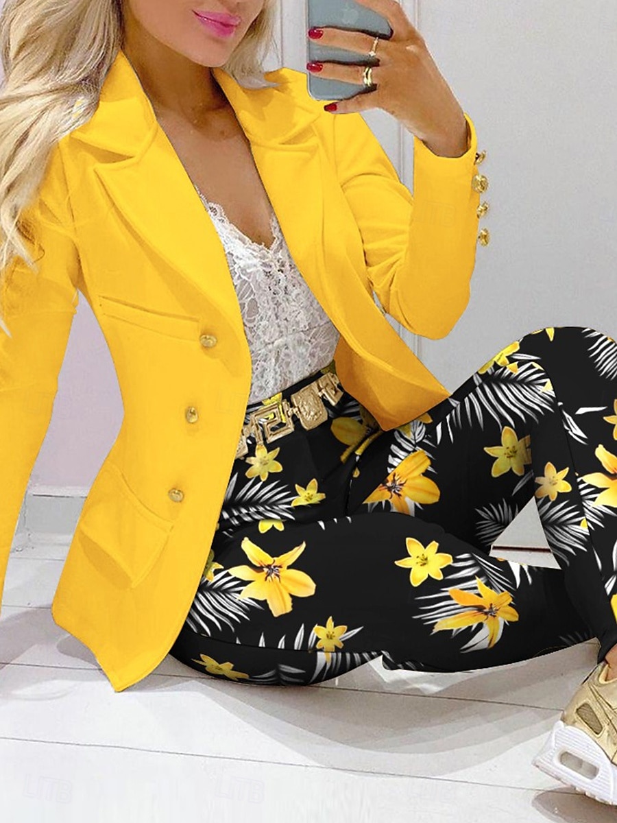 Women's Elegant Streetwear Daily Blazer Skirt Long Sleeve Shirt Collar Graphic Patchwork Casual Yellow Spring & Fall Regular Fit 2025 - $37.99 –P1
