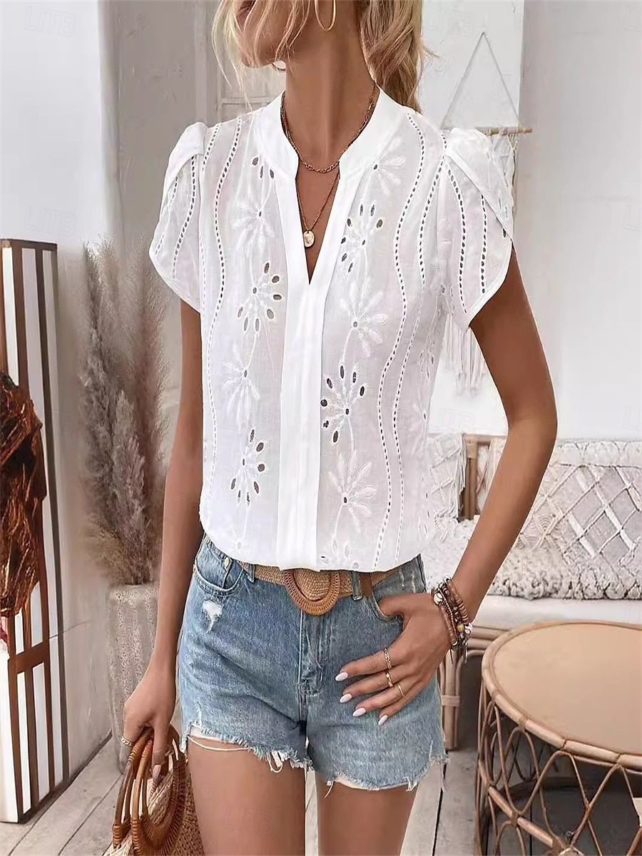 Dame Skjorte Bluse Helfarge Daglig Stilfull Fritid Kortermet V-hals Vanlige topper Arbeid Daglig Ut på byen Broderi Hvit Sommer Vår 2025 - $32.99 –P11