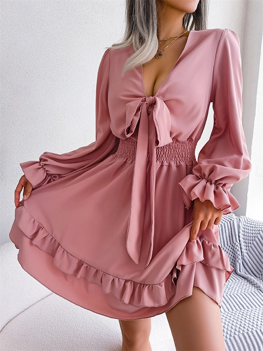 Mujer Mini vestido Vestido informal Vestido de una línea Elegante Estilo lindo Casual Vacaciones Fiesta Diario Ajuste regular Plano Manga Larga Escote en Pico Blanco Rosa Azul Piscina Primavera Otoño 2025 - $35.99 –P1