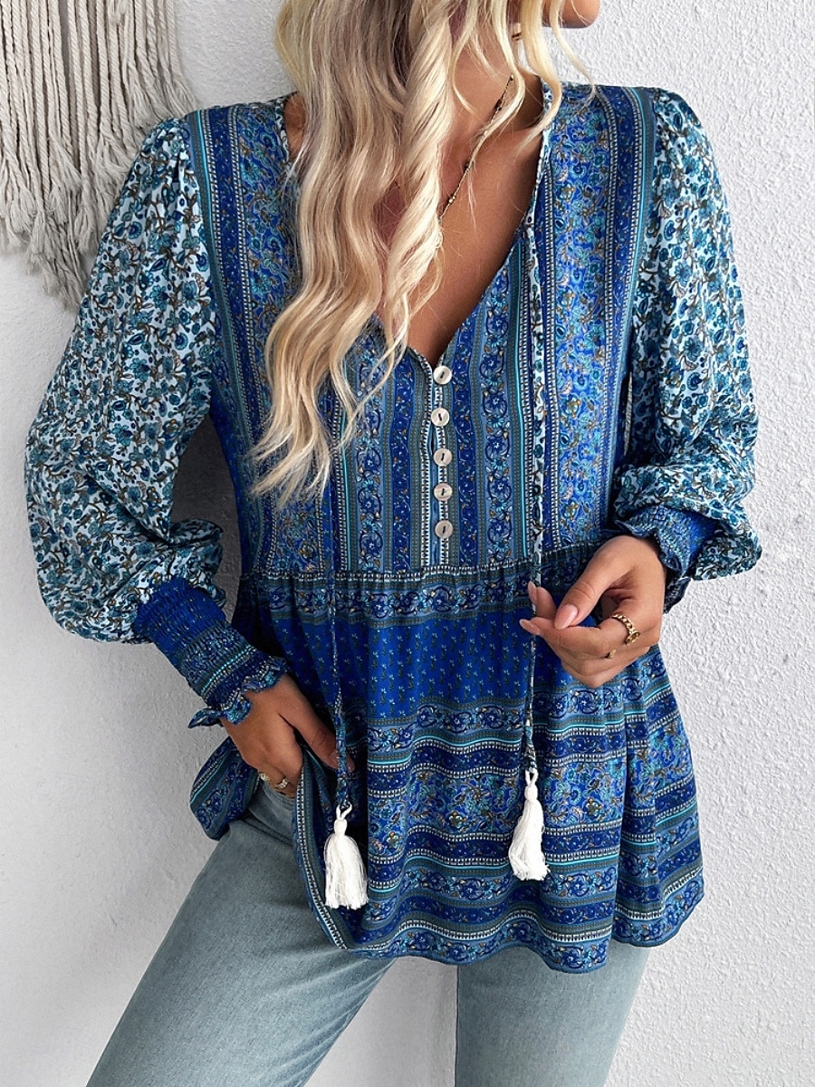 Dames Overhemd Blouse Bloemig Bohemen Casual Lange mouw V-hals Normale tops Dagelijks Afdrukken blauw Fuchsia Lente Herfst 2025 - $34.99 –P5