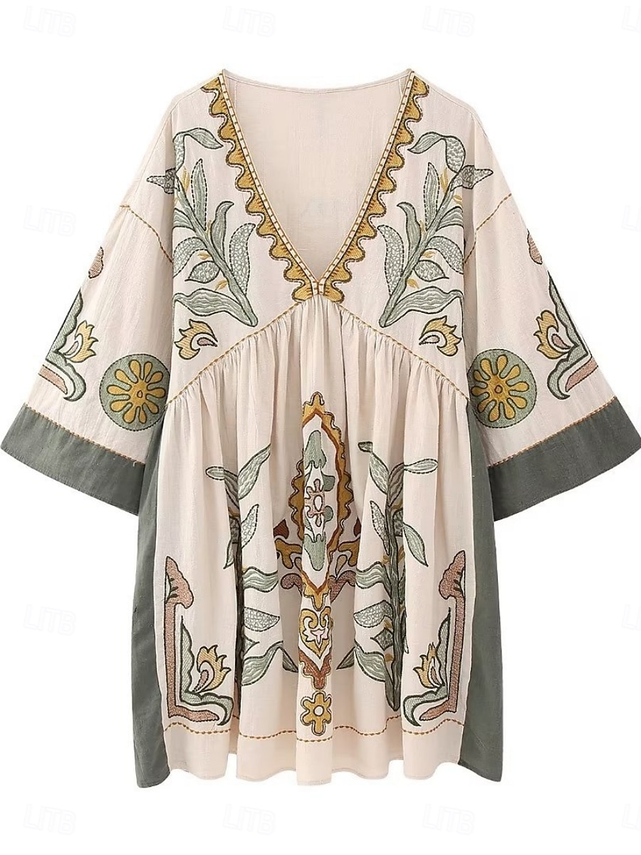 Dam Mini klänning Vardagsklänning A linjeklänning Boho-klänning bohemliv Ledigt Semester Dagligen Normal Blommig 3/4 ärm V-hals Beige Vår Höst 2025 - $42.99 –P1