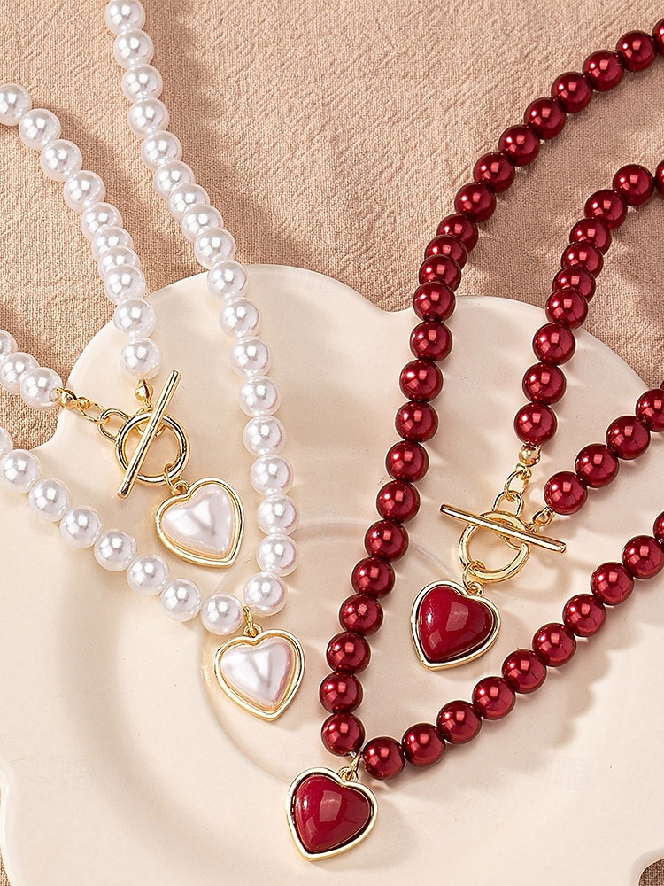 Set aus Halskette und Armband aus roten Perlen für Damen mit Herzanhänger, goldfarbenem Verschlussdesign, eleganter Schmuck als Geschenk zum Valentinstag, für Hochzeiten und besondere Anlässe 2025 - $11.99 –P2