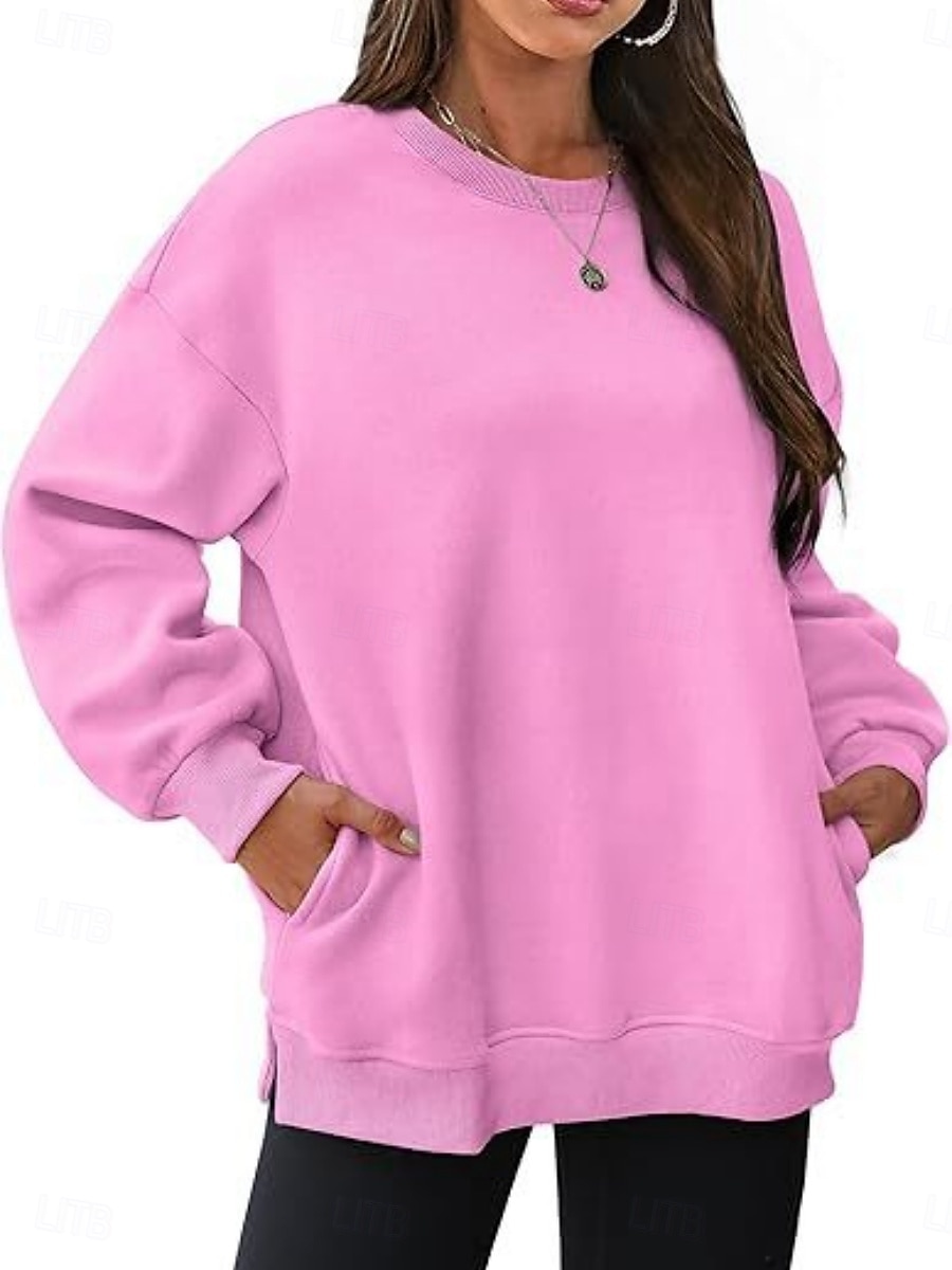 női pulóver alkalmi sima utcai mindennapi ruha legénységi nyakú zseb hosszú ujjú fekete rózsaszín khaki ősz tél 2025 - $29.99 –P1