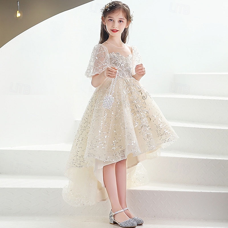Flower Girl Dress Kid's Girls' Princess Dress Performance Wedding Party Elegant Beautiful Sequins Mesh Solid Color Short Sleeve Crew Neck Champagne 4 years+ 2026 - $61.99 –P5