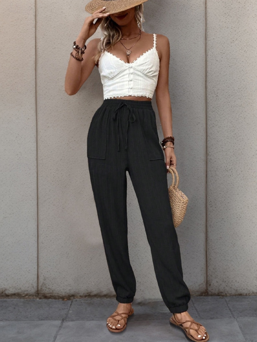 Women's Tapered pants Chinos Fashion Streetwear Full Length High Waist Plain Pocket Elastic Waistband Comfy Soft Comfortable Micro-elastic Outdoor Street Black Green Khaki Spring &  Fall Regular Fit 2026 - $26.99 –P10