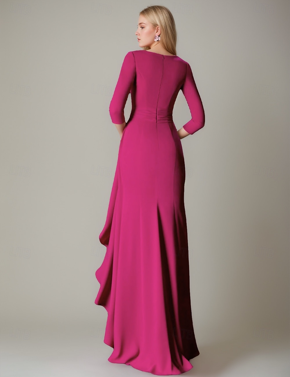 Schwarze Meerjungfrau Abendrobe Elegantes Kleid Formell Herbst Bodenlänge 3/4-Ärmel V-Ausschnitt Stretch-Crêpe mit Federgerafften Rüschen 2025 2025 - $172.99 –P2